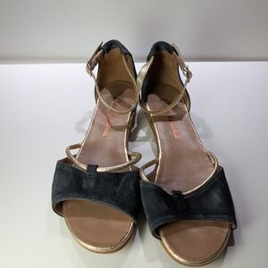 Women's Black Suede and Gold Ankle-Strap Sandals